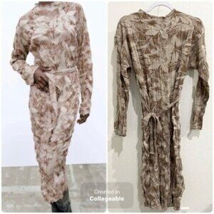 New Zara Neutral Textured Stretch Midi Dress Belted Contemporary Chic Stretch